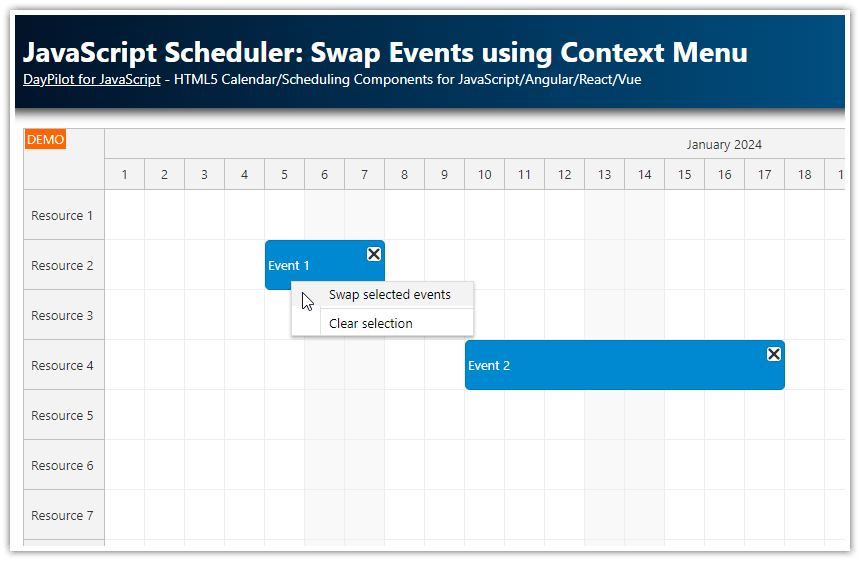 JavaScript Scheduler Swap Events using Context Menu